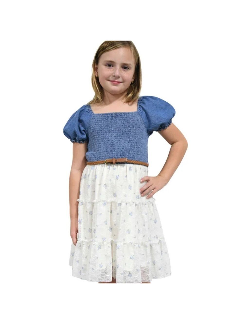 Blue and White Dress with Puff Sleeves